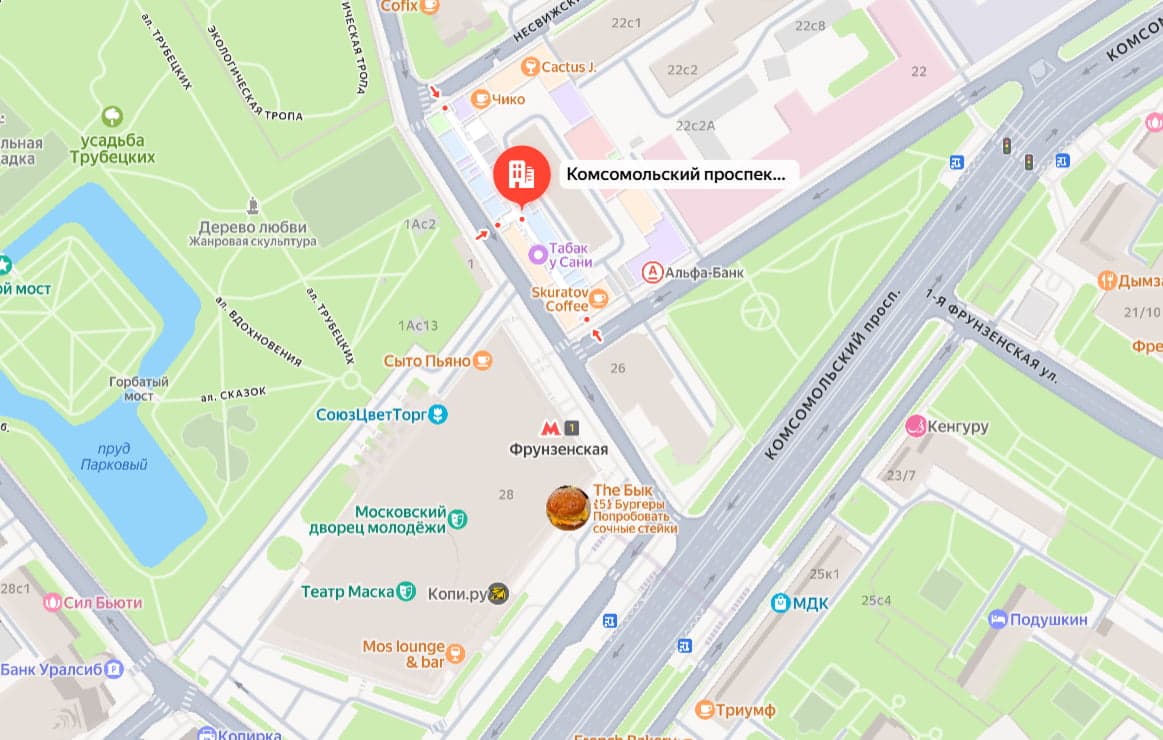 Схема проезда к магазину SladkoRu на Комсомольском проспекте рядом с метро Фрунзенская